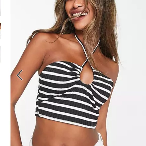 ASOS DESIGN key hole halter top in mono stripe - US 12 - Picture 5 of 5